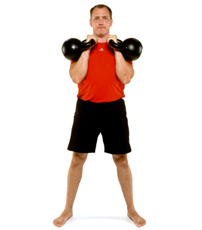 Repetition clean rack position or double kettlebell clean and press rack position. (Ladies take note: this can be your rack position for all exercises)